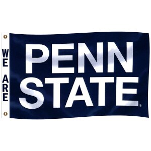 navy flag with navy We Are in white header, large white Penn State